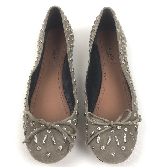 Alaia Shoes Alaia Suede Leather Studded Ballet Flat Gray